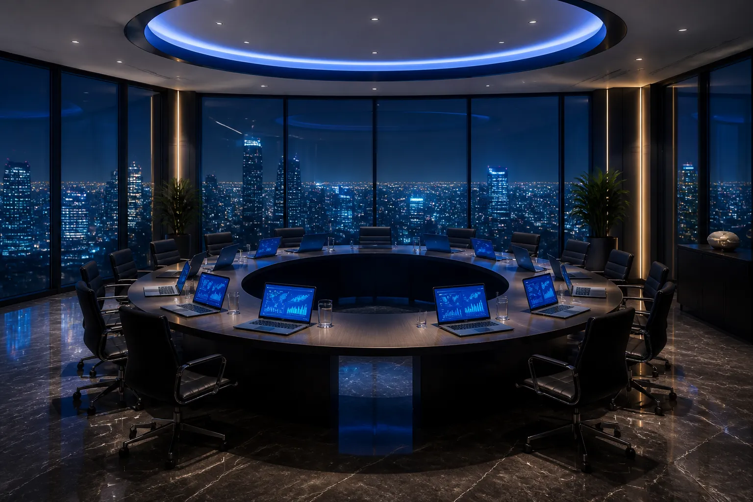 Modern executive boardroom with digital dashboards overlooking a city at night
